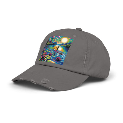 Side angle of the Unisex Distressed Paddleboarders Cap highlighting its distressed design and vibrant paddleboarding graphic, an ideal accessory for stylish water lovers.
