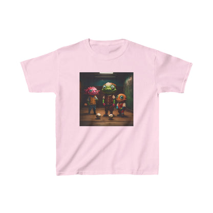 Kids Cute Aliens Heavy Cotton T-Shirt in soft pink showcasing whimsical alien graphics, an ideal choice for creative children.