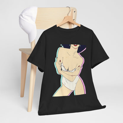 Sophisticated black t-shirt draped on a wooden chair, adorned with an alluring vintage pin-up graphic of a female figure exuding charm and confidence.