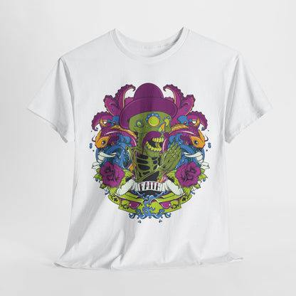 luxurious Vibrant Skeleton Embrace T-Shirt featuring a striking design of a charismatic skeleton in a purple sombrero, intricate octopus tentacles, elegant koi fish, and floral roses, embodying creativity and bold artistic expression.