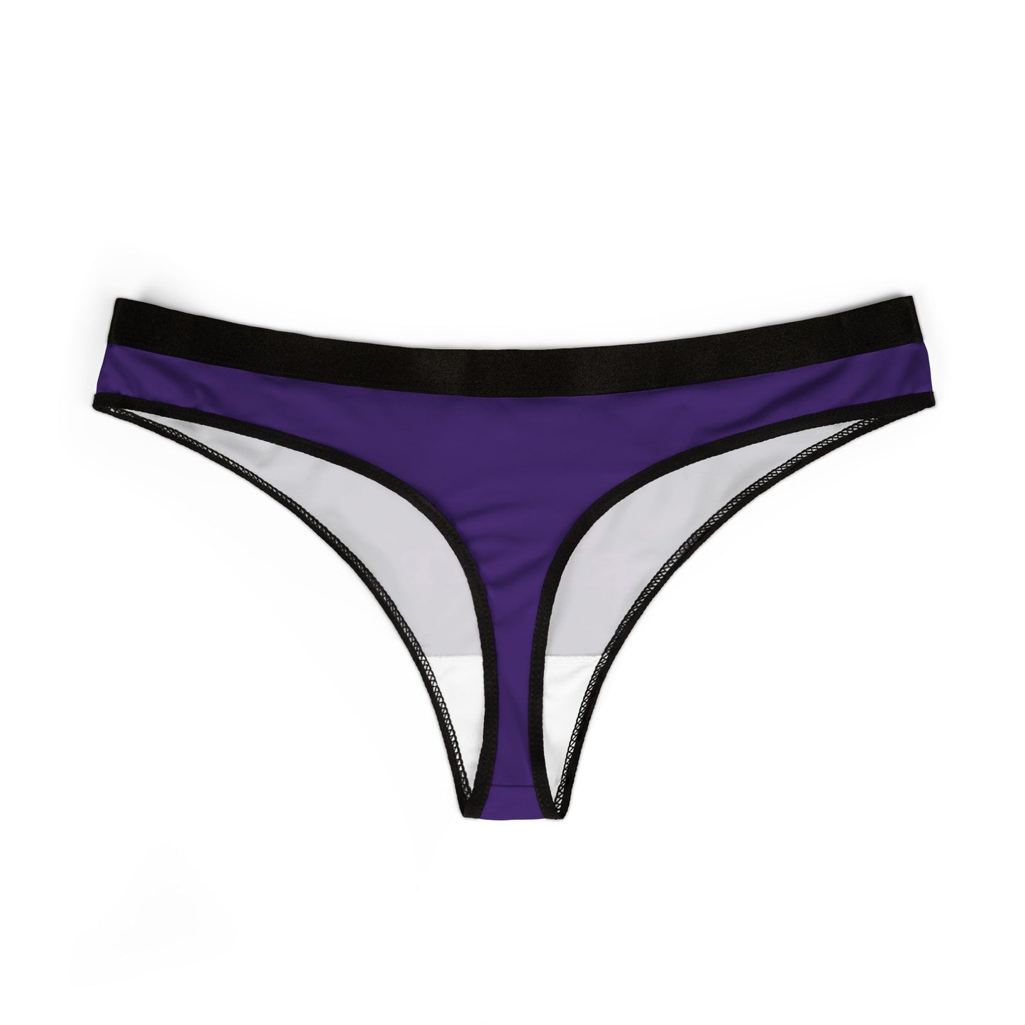 Sleek women's thong displayed in elegant purple with contrasting black trim, highlighting its sophisticated design suitable for playful intimacy.
