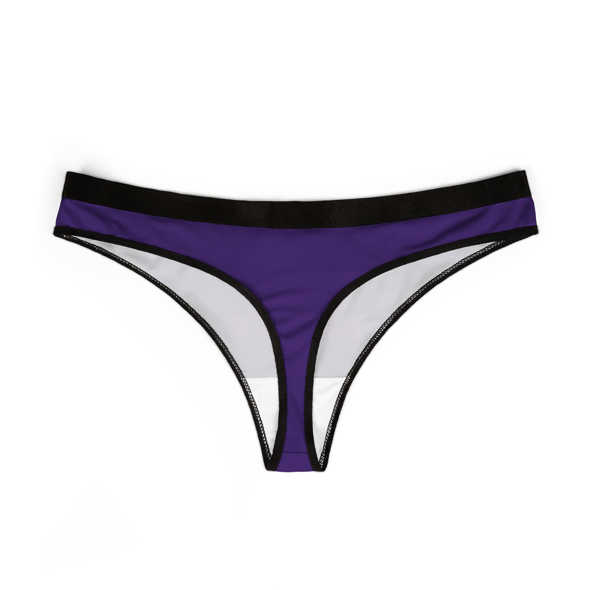 Sleek women's thong displayed in elegant purple with contrasting black trim, highlighting its sophisticated design suitable for playful intimacy.