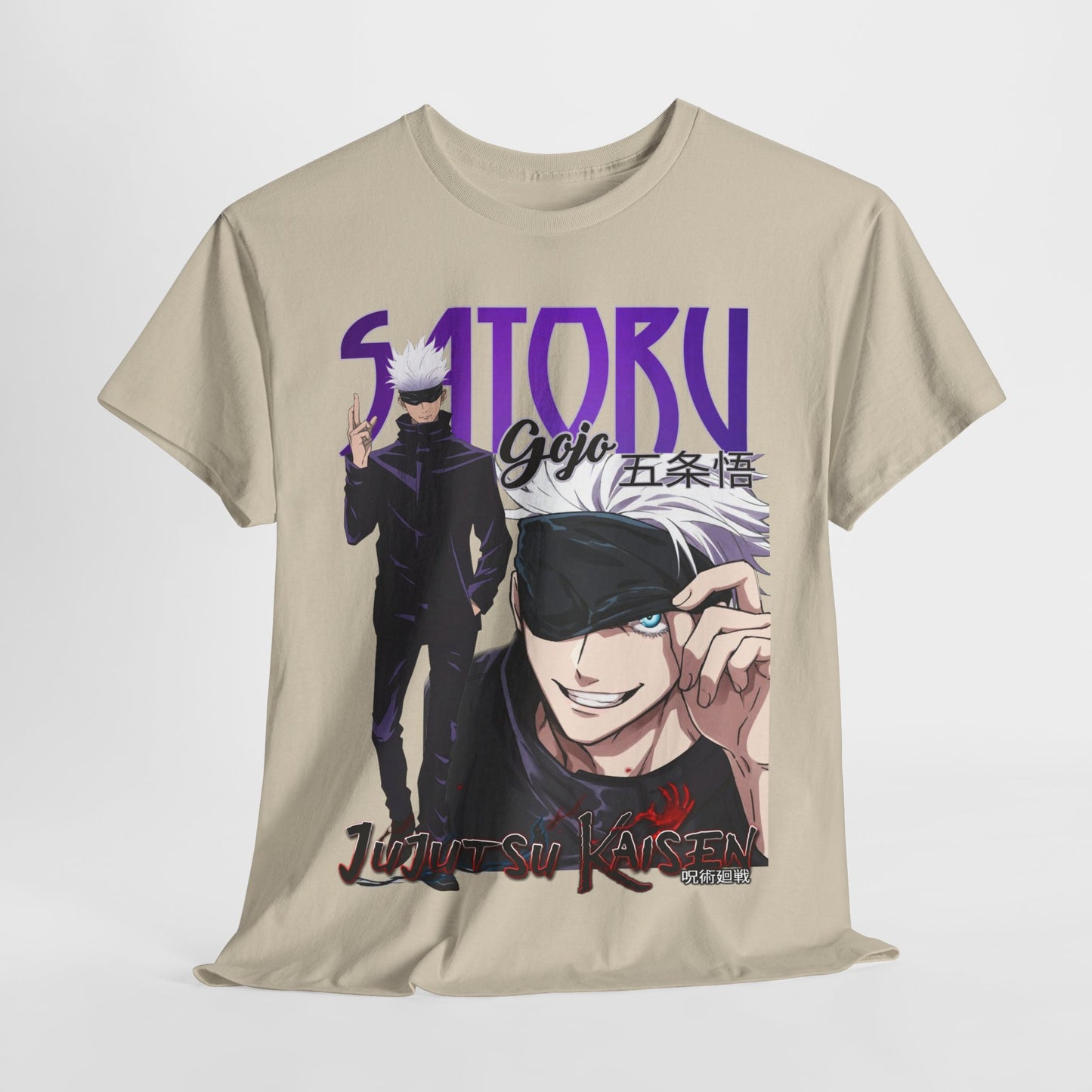 Luxurious Jujutsu Kaisen graphic t-shirt featuring Gojo Satoru with striking artwork, vibrant colours, and an elegant design, perfect for anime enthusiasts.