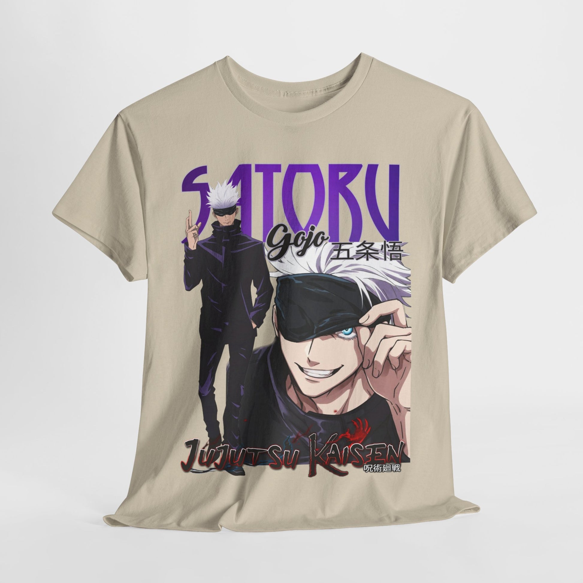 Luxurious Jujutsu Kaisen graphic t-shirt featuring Gojo Satoru with striking artwork, vibrant colours, and an elegant design, perfect for anime enthusiasts.