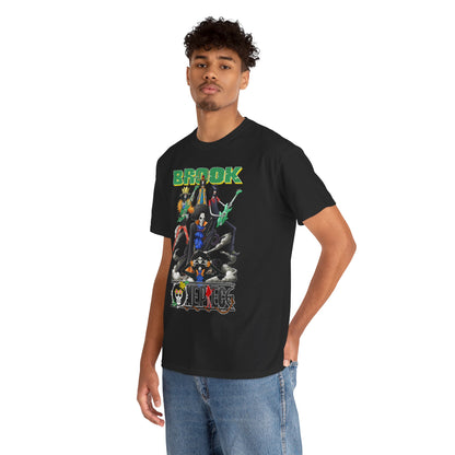 Model wearing a chic black graphic t-shirt with bold anime design, exuding elegance and style, ideal for casual outings and anime conventions.