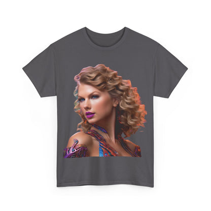 Swifties psychedelic Taylor Swift Heavy Cotton Tee, featuring an artistic portrayal of Taylor Swift in vibrant colours, perfect for expressing your fandom.