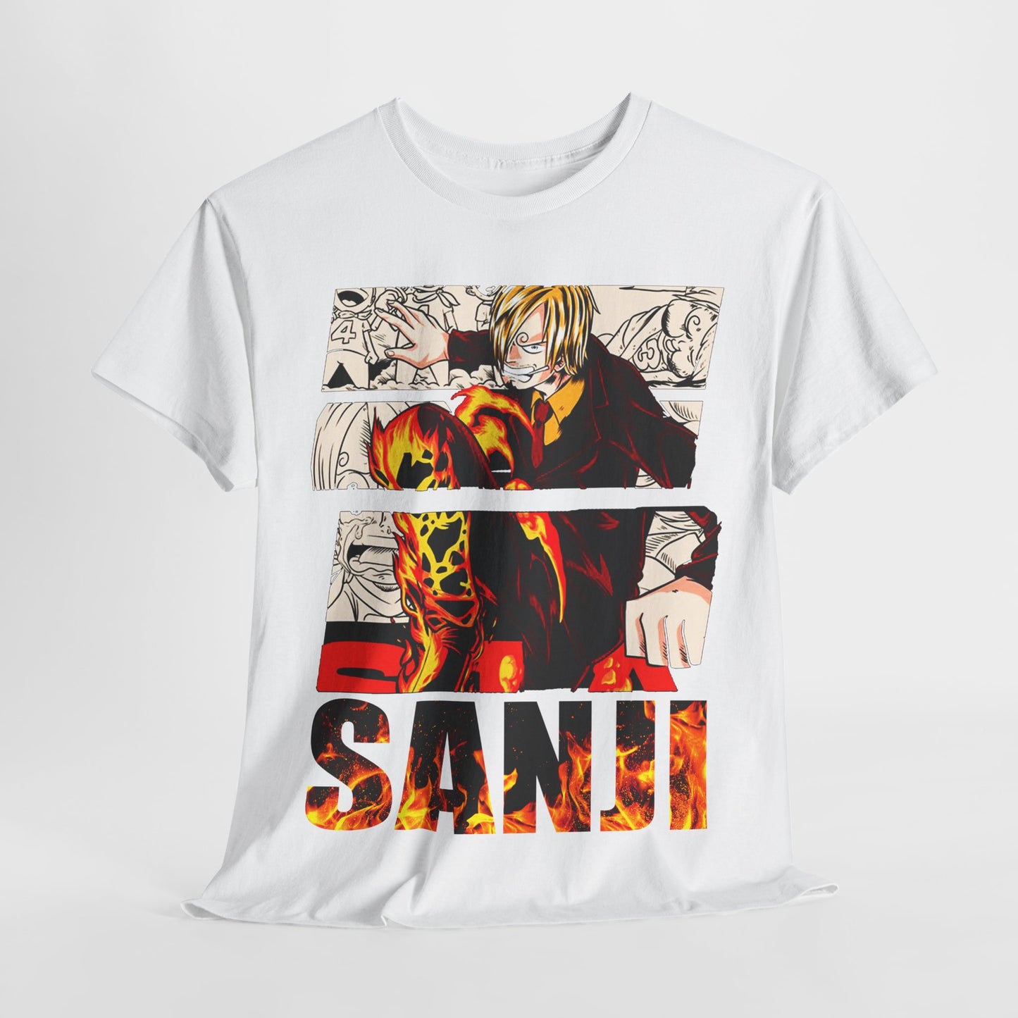 Exclusive Sanji graphic tee featuring a dynamic illustration of the charismatic cook from renowned anime, showcasing vibrant colours on a white background, perfect for manga and anime enthusiasts.