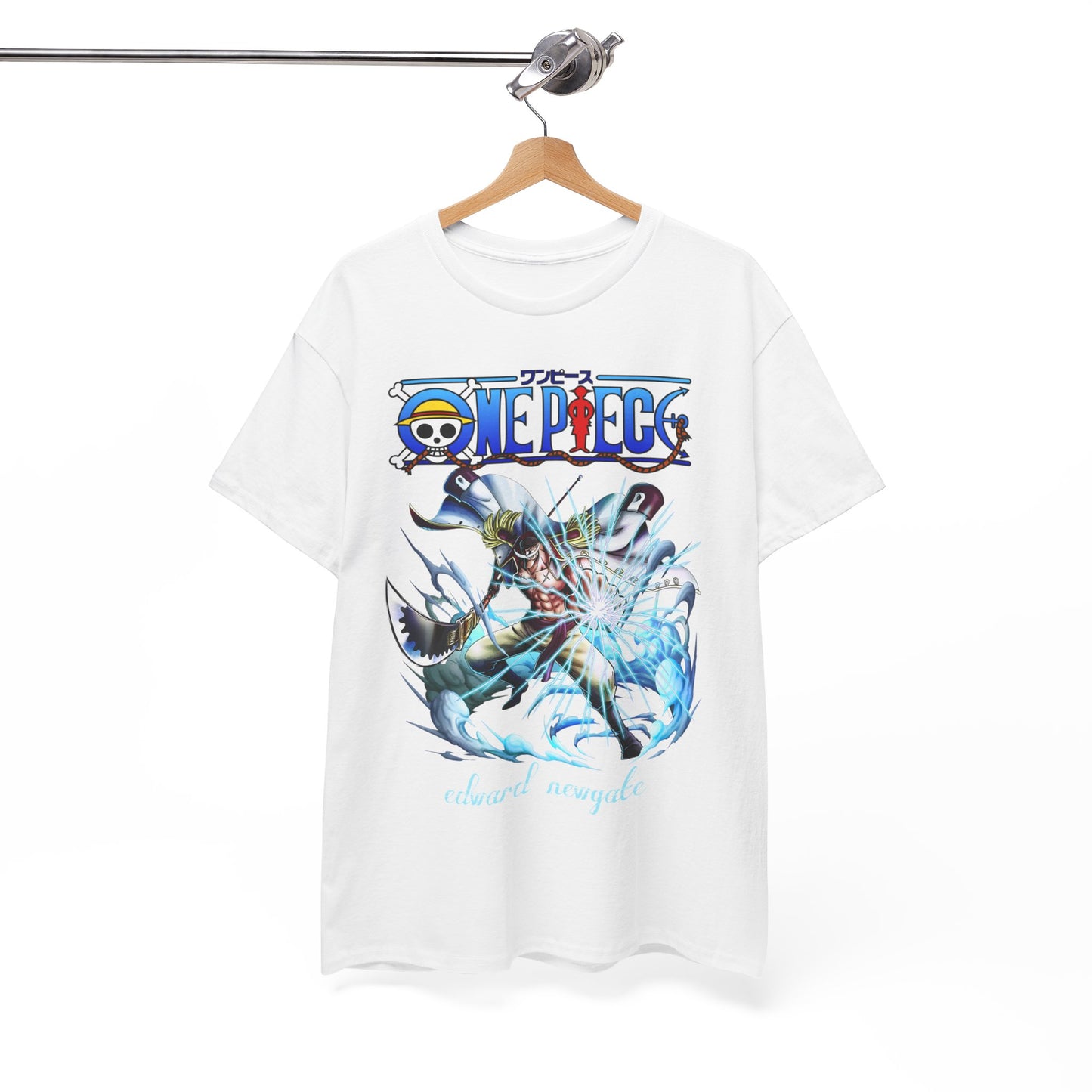 Contemporary One Piece t-shirt featuring Edward Newgate art, artistically displayed on a hanger for casual elegance.