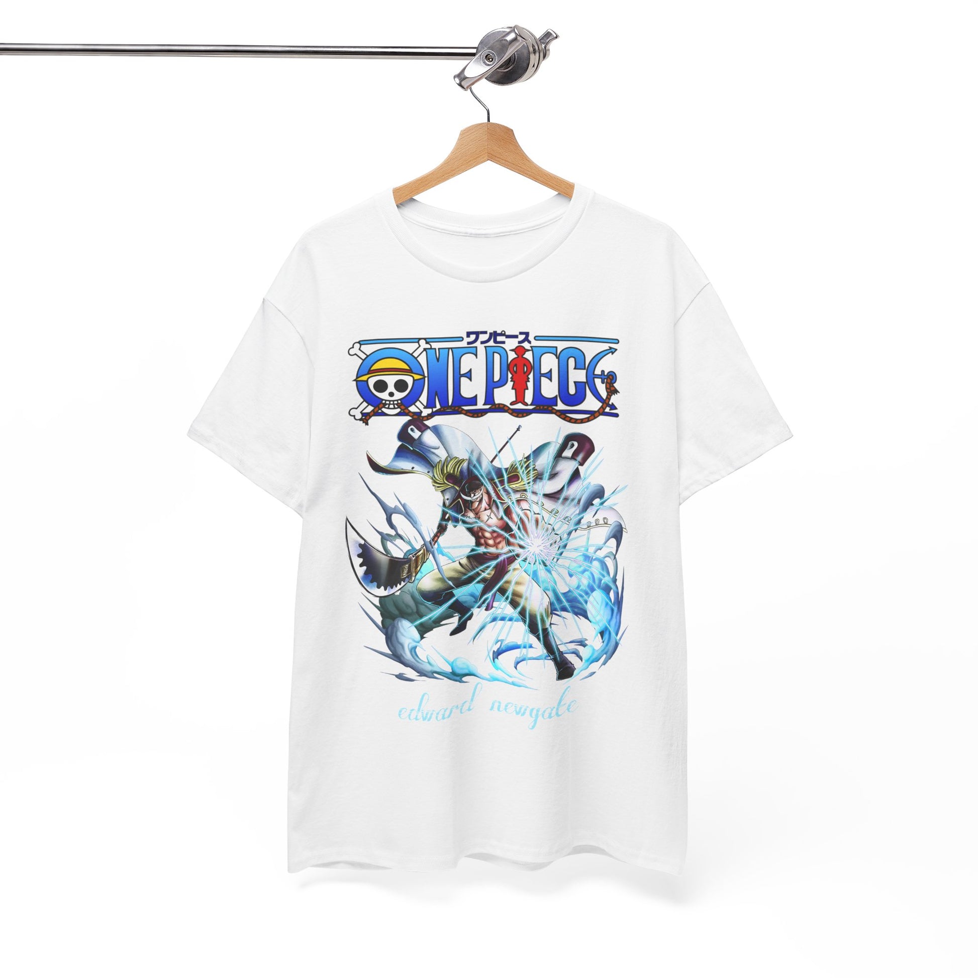 Contemporary One Piece t-shirt featuring Edward Newgate art, artistically displayed on a hanger for casual elegance.