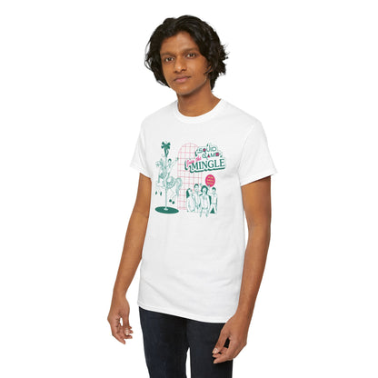 Elegant unisex white t-shirt showcasing a unique Squid Game artwork, worn by a young man, ideal for trendy streetwear.