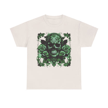 Skulls and Roses Cotton Tee in cream, elegantly displaying intricate skulls entwined with beautiful roses, an essential piece for alternative fashion enthusiasts.