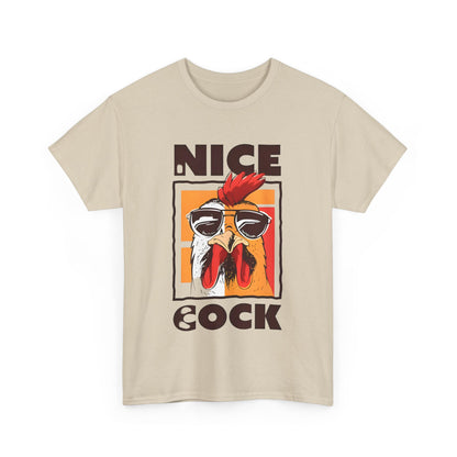 Front view of the Unisex Nice Cock Graphic Tee in beige, featuring a lively cartoon chicken with sunglasses, an ideal choice for those who appreciate unique humour in high-quality fashion.