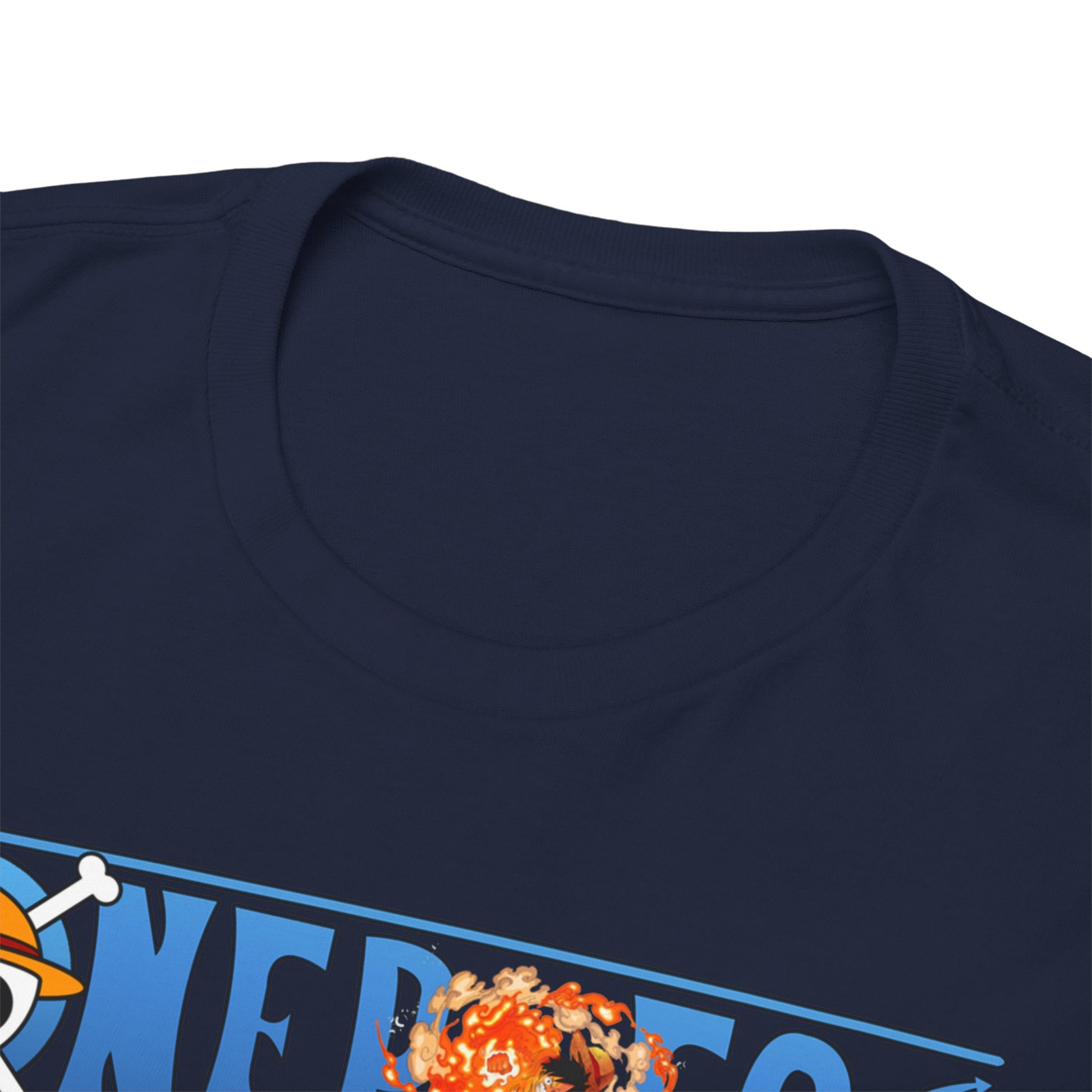Close-up view of the collar and neckline of a premium navy blue t-shirt featuring the ONE PIECE logo, depicting quality craftsmanship.