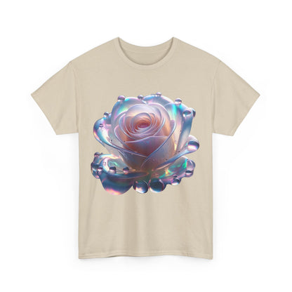 Front view of the Ethereal Rose Tee - Unisex Cotton Graphic T-Shirt showcasing a stunning close-up of a stylized rose with iridescent effects, embodying elegance and artistry.