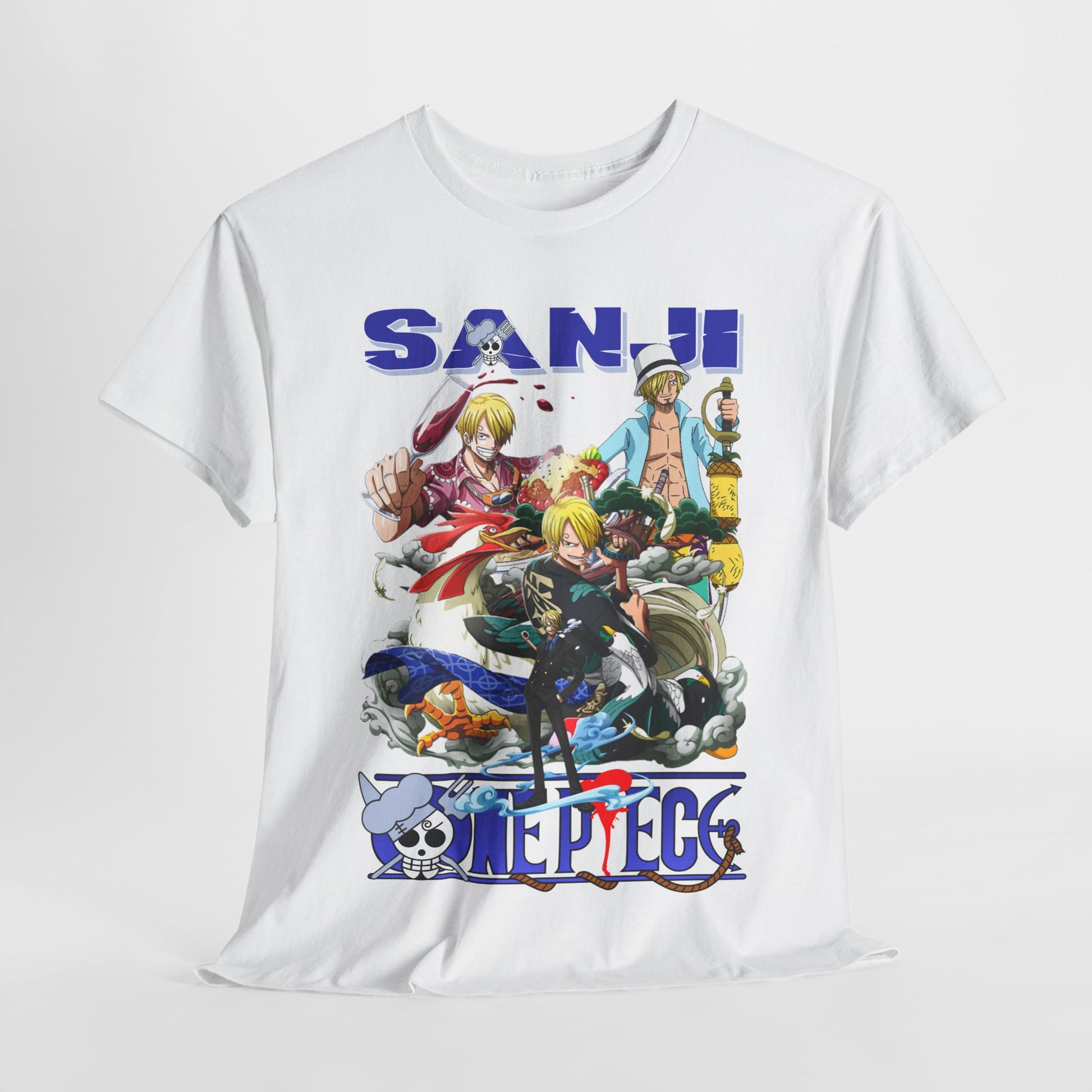 Front view of a high-quality white t-shirt featuring an artistic depiction of Sanji from One Piece, ideal for adding a dynamic touch to any wardrobe.
