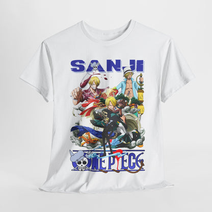 Front view of a high-quality white t-shirt featuring an artistic depiction of Sanji from One Piece, ideal for adding a dynamic touch to any wardrobe.