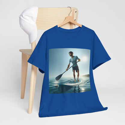 Luxurious T-shirt design by Dazzling Dreams Studio showcasing an adventurous paddleboarder against a picturesque lake backdrop.