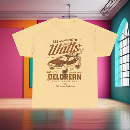 Delorean Back to the Future Graphic T-Shirt in soft yellow featuring an artistic design with the classic Delorean illustration, adding a chic vintage flair to any outfit.