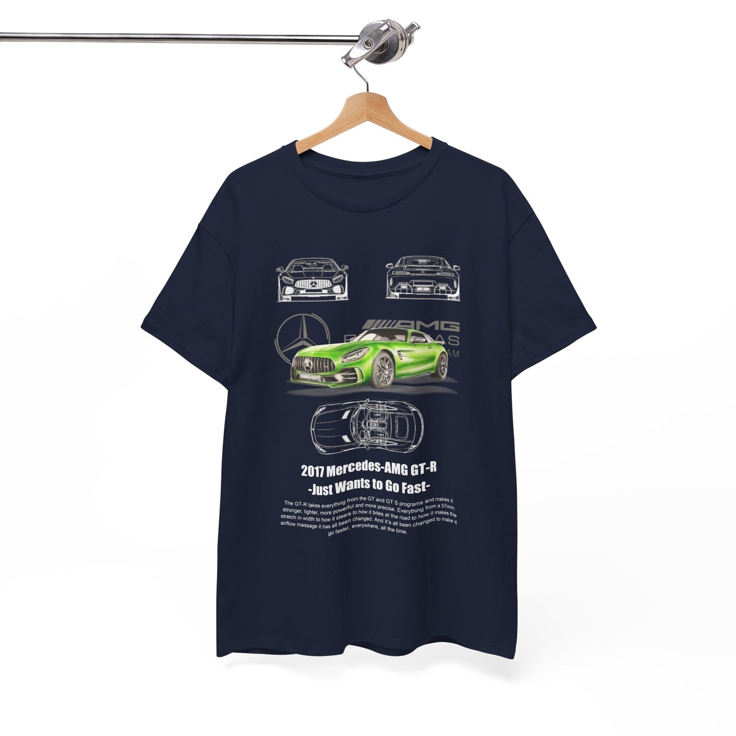 Men's Mercedes-AMG GT-R T-shirt in navy blue hanging on a clothing rack, featuring bold car graphics that embody speed and sophistication.