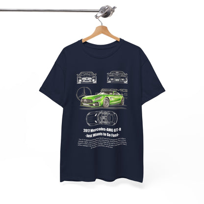 Men's Mercedes-AMG GT-R T-shirt in navy blue hanging on a clothing rack, featuring bold car graphics that embody speed and sophistication.