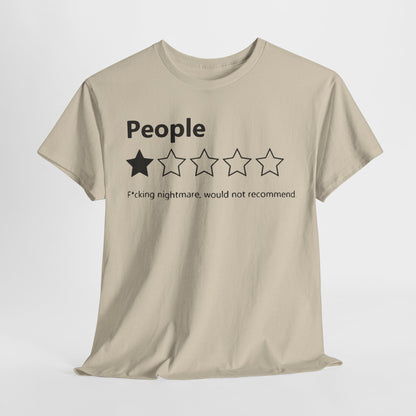 Close-up of a luxurious beige T-shirt showcasing 'People' and the striking star rating design, symbolising boldness and contemporary style.