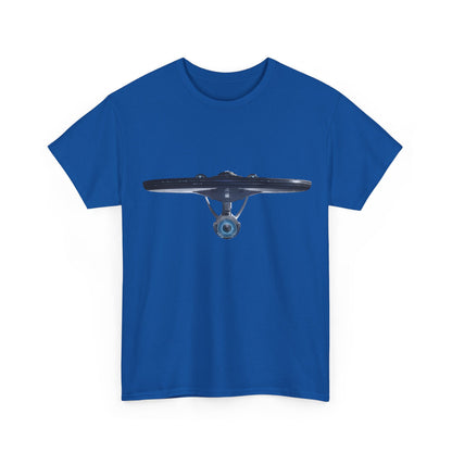 Front view of the USS Enterprise Star Trek Graphic Unisex T Shirt Tee in rich blue, featuring a detailed depiction of the iconic starship.
