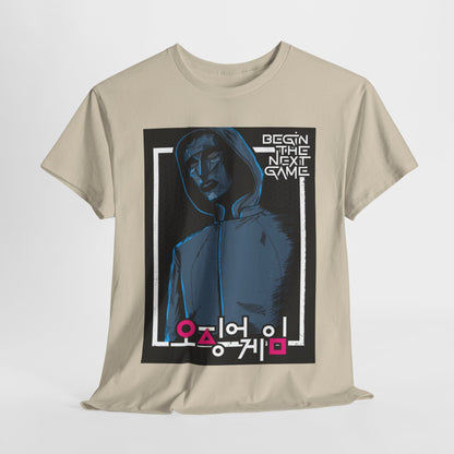 Squid Game Unisex Men's Women's Graphic Cotton Funny T-Shirt Tee, featuring a striking design with a hooded character and the text 'Begin the Next Game' on a light beige background, ideal for casual urban wear.