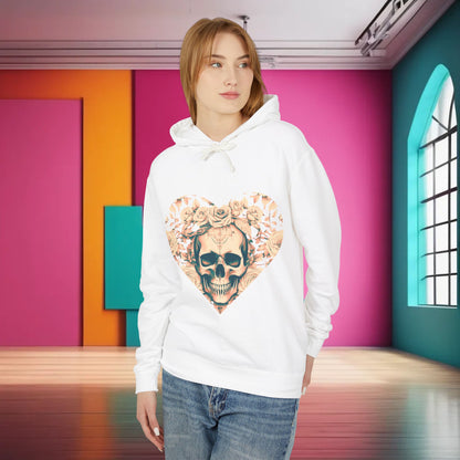 A stunning woman showcasing the Unisex Lightweight Hooded Sweatshirt featuring a unique designer skull and roses motif, set against a vibrant, contemporary background.