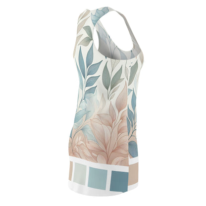 Model wearing the Valentina Belleveau Racerback Dress with Pastel Leaf Pattern in a serene setting, demonstrating its trendy and chic comfort for any occasion.