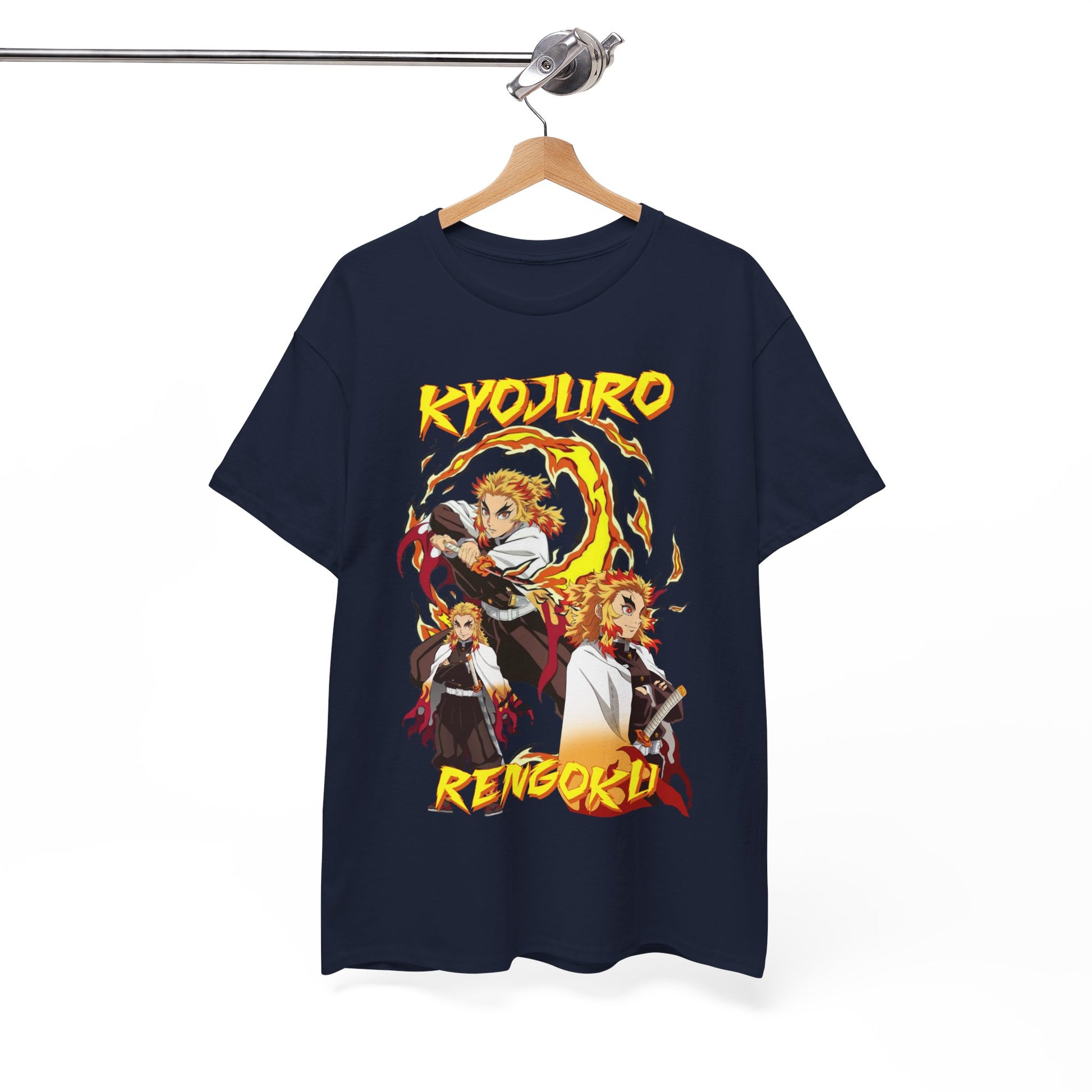 Chic Kyojuro Rengoku t-shirt on a stylish hanger, highlighting eye-catching imagery and luxurious fabric for ultimate comfort.
