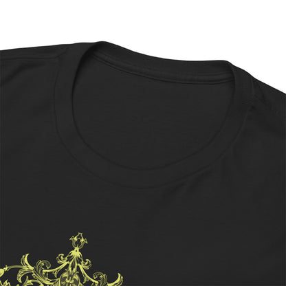 Close-up view of a luxurious black t-shirt collar, showcasing the 'Damned Soul' graphic's intricate design, a testament to stylish craftsmanship in gothic fashion.