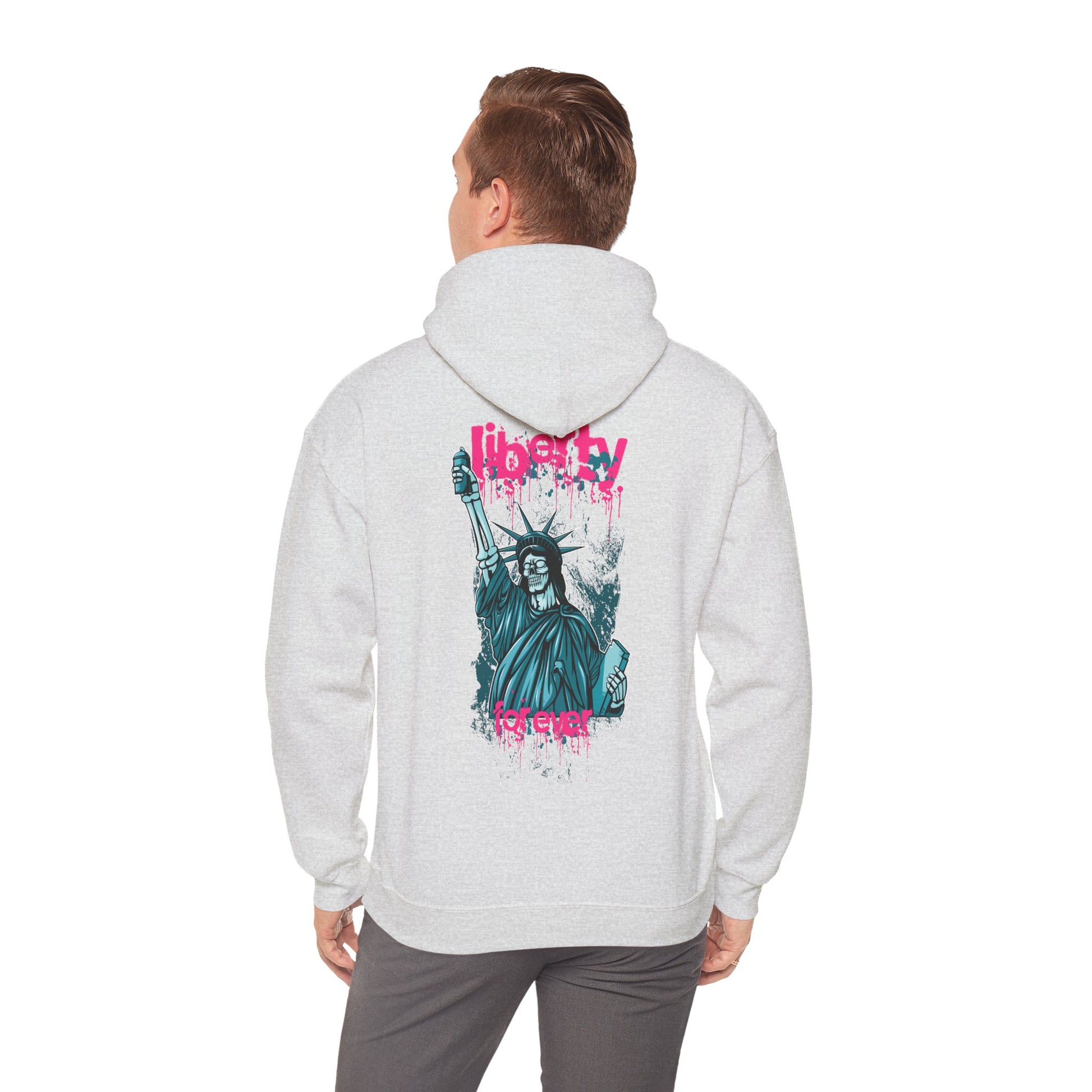 Sophisticated grey hoodie with a captivating back print of the Statue of Liberty, featuring bold pink graffiti text 'liberty forever', perfect for a contemporary look.