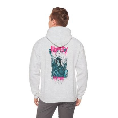 Sophisticated grey hoodie with a captivating back print of the Statue of Liberty, featuring bold pink graffiti text 'liberty forever', perfect for a contemporary look.