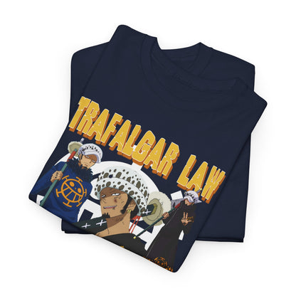 Elegant folded navy T-shirt showcasing the striking Trafalgar Law graphic, perfect for casual luxury wear.