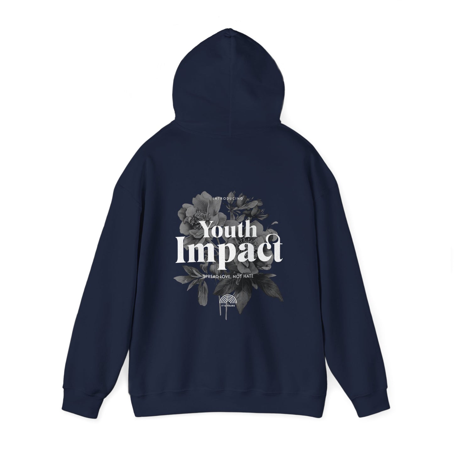 Sophisticated navy hoodie featuring a bold back graphic of 'Youth Impact' with floral accents, ideal for those who appreciate stylish statements.