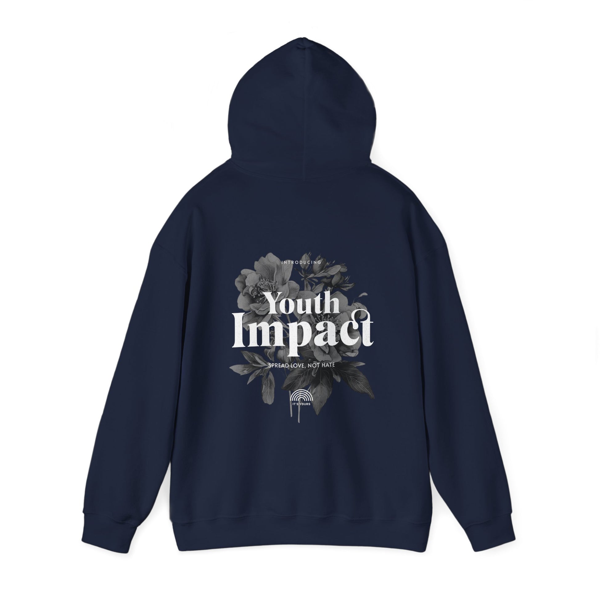Sophisticated navy hoodie featuring a bold back graphic of 'Youth Impact' with floral accents, ideal for those who appreciate stylish statements.