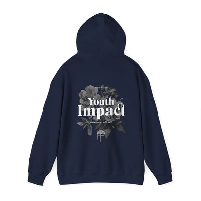 Sophisticated navy hoodie featuring a bold back graphic of 'Youth Impact' with floral accents, ideal for those who appreciate stylish statements.