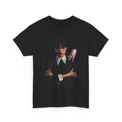 Luxurious Wednesday and Thing Graphic Unisex Graphic Tee Shirt featuring Wednesday with her iconic monochrome attire and her companion, Thing, designed for those who celebrate individuality and dark whimsy.