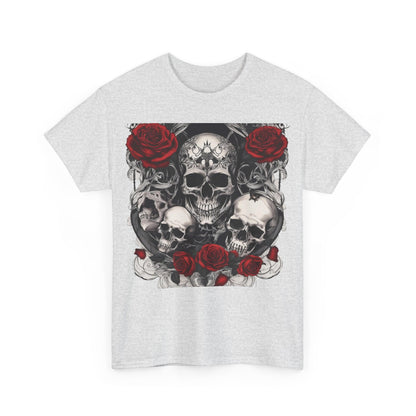 Front view of the Skulls and Roses Cotton Tee featuring an intricate graphic design of skulls and roses, ideal for alternative fashion aficionados.