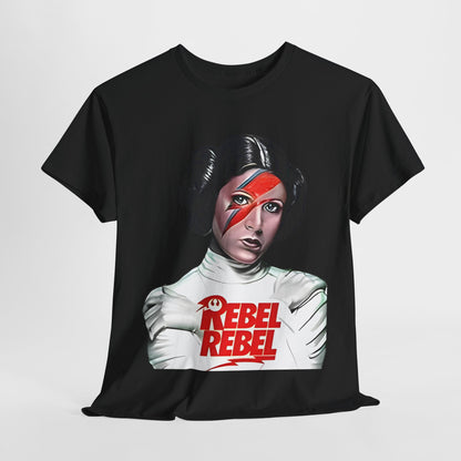 Stylish unisex graphic tee portraying Princess Leia in an artistic 'REBEL REBEL' design, blending elegance with a tribute to sci-fi iconography.