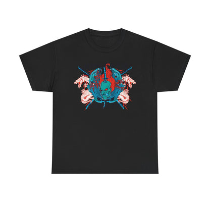 Luxury Fierce Oni Warrior men's t-shirt in black, showcasing an intricate graphic design of a stylised oni mask in turquoise and red, complemented by dragons and katanas, reflecting elements of traditional Japanese artistry.