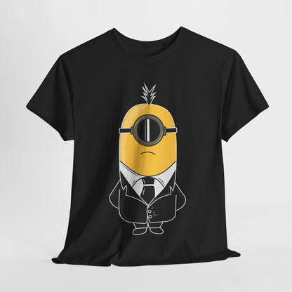 Minion in Black Parody Unisex Men's Women's Graphic T-Shirt Tee, featuring a stylish Minion character in a suit for a fun twist. Ideal for casual wear, this T Shirt adds a playful touch to any outfit. Perfect for fans of funny Minions designs.
