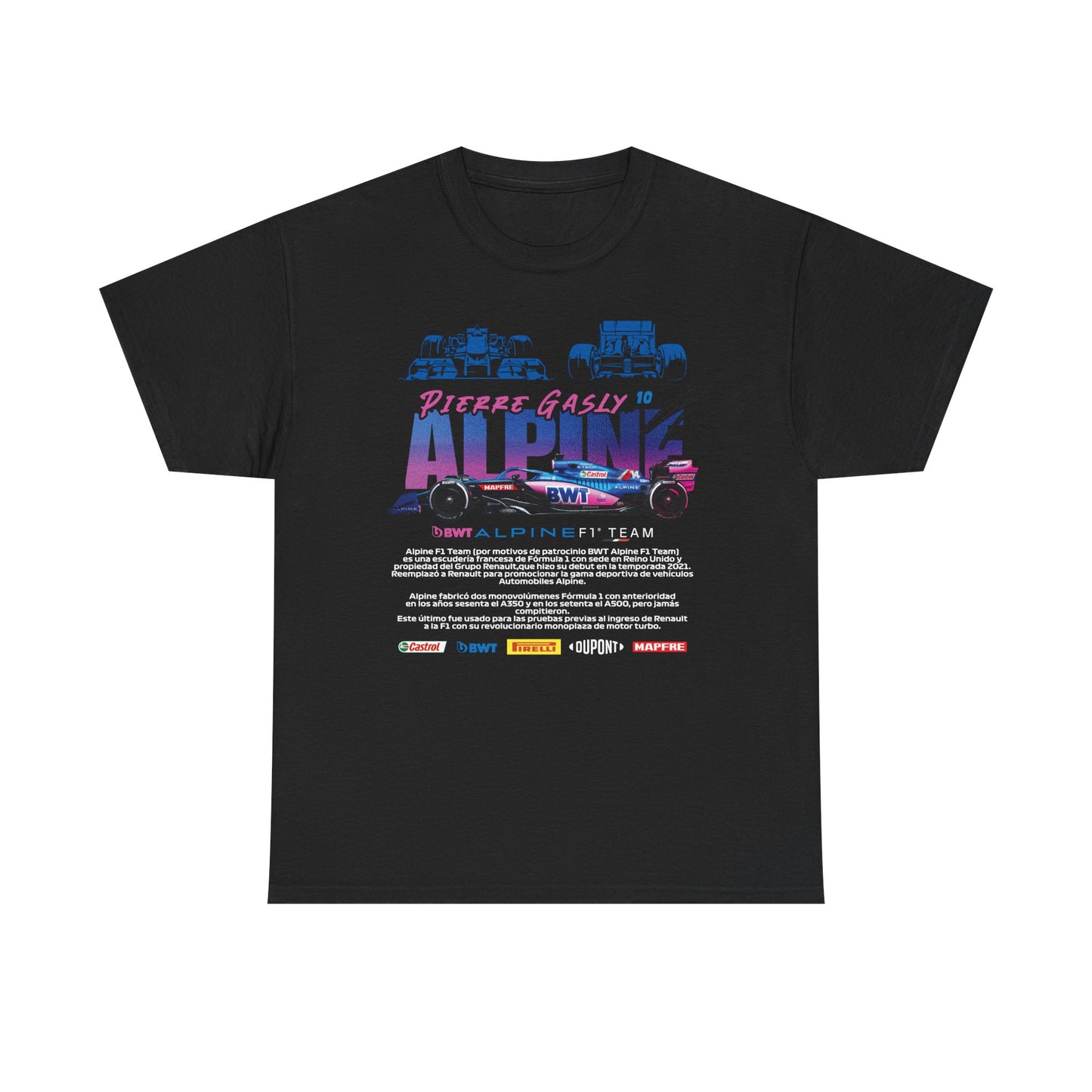 Alpine F1 Team Men’s T-Shirt featuring a bold graphic design with Pierre Gasly's name and iconic racing details, set against a dynamic multicoloured background, crafted for motorsport enthusiasts.