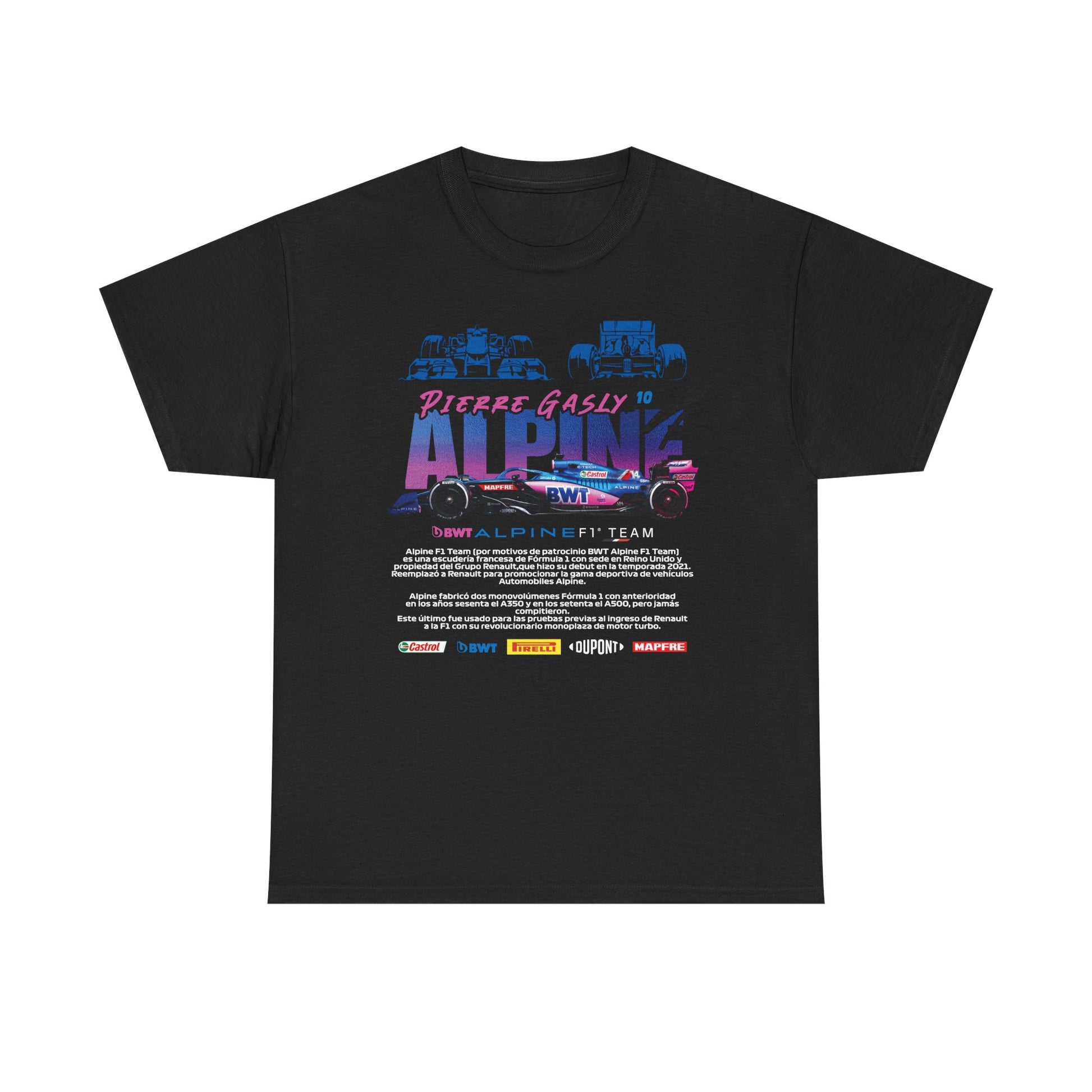 Alpine F1 Team Men’s T-Shirt featuring a bold graphic design with Pierre Gasly's name and iconic racing details, set against a dynamic multicoloured background, crafted for motorsport enthusiasts.