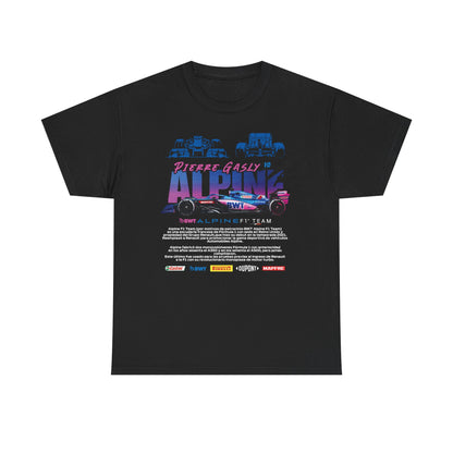 Alpine F1 Team Men’s T-Shirt featuring a bold graphic design with Pierre Gasly's name and iconic racing details, set against a dynamic multicoloured background, crafted for motorsport enthusiasts.