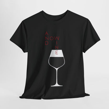 Luxury black women's t-shirt featuring a stylish 'And Now Wine' graphic design with a minimalist wine glass illustration, perfect for wine enthusiasts.
