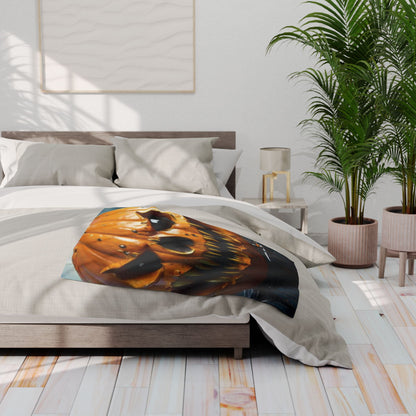 Elegant Decorative and Warm Halloween Spooky Arctic Fleece Blanket elegantly placed on a contemporary bed, highlighting a striking Halloween pumpkin design, perfect for sophisticated seasonal styling.