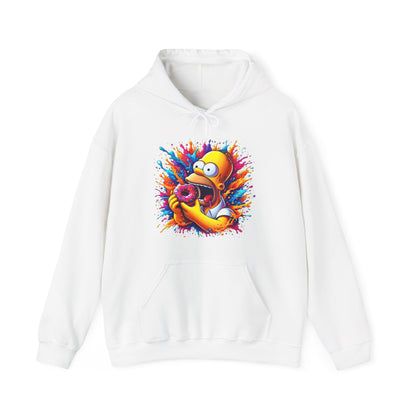 Unisex Urban Homer’s Hungry Delight Graphic Lightweight Hooded Sweatshirt in white showcasing a striking graphic of Homer Simpson mid-bite into a donut, surrounded by radiant splashes of colour, perfect for fans of luxury pop culture fashion.