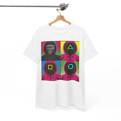 Squid Game Pop Art Unisex Men´s Women´s Graphic Cotton Funny T Shirt Tee displayed elegantly on a hanger, showcasing its colourful, eye-catching design.