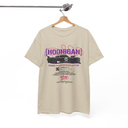 Chic beige Ford Mustang Hoonicon V2 t-shirt elegantly hung on a wooden hanger, capturing the essence of automotive culture with stylish graphics and luxurious appeal.